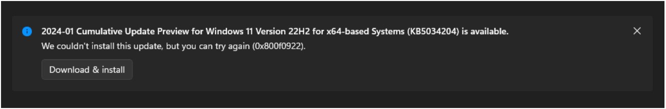 Windows 0x800F0922 hatası